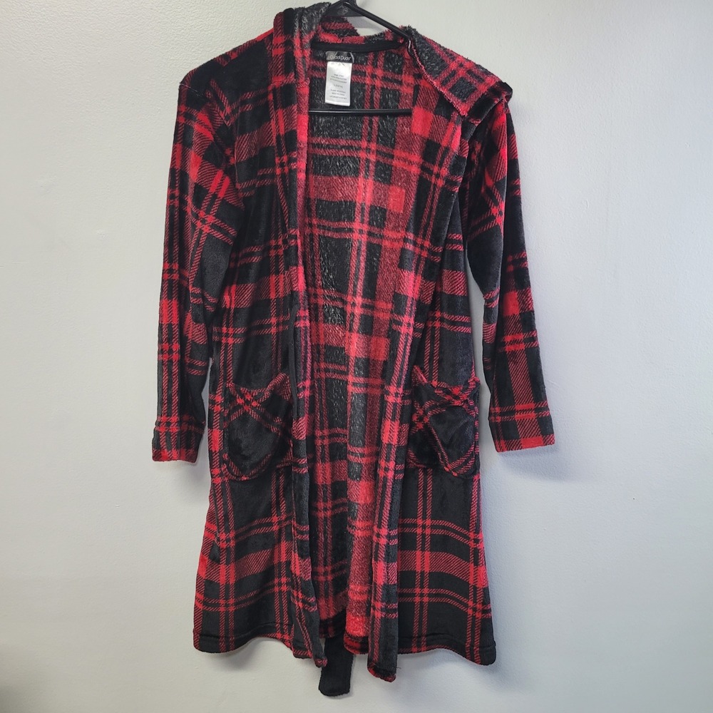 Cuddl Duds Kids Red Black‎ Plaid Fleece Hooded Robe Size L 12/14 KCD283967